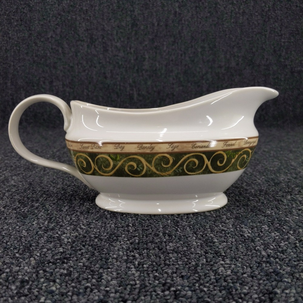 American Atelier Gravy Boat White Bouquet Garni 5011 Herb Scroll Stoneware